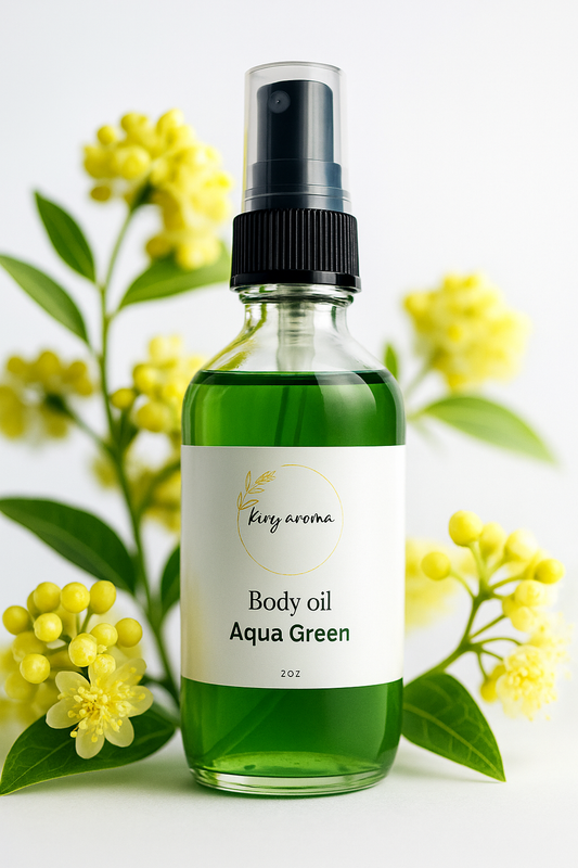 Green body oil bottle with a label on a white background with yellow flowers and green leaves.