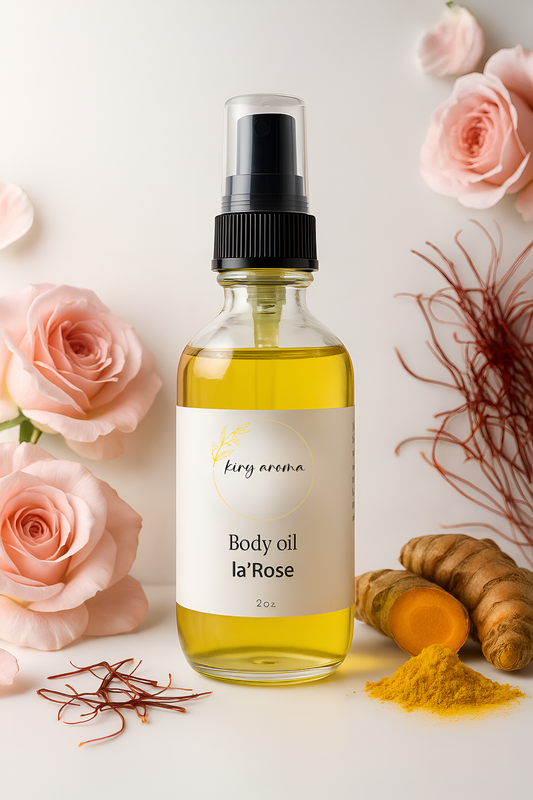 Body oil bottle labeled 'la'Rose' with roses and turmeric on a light background