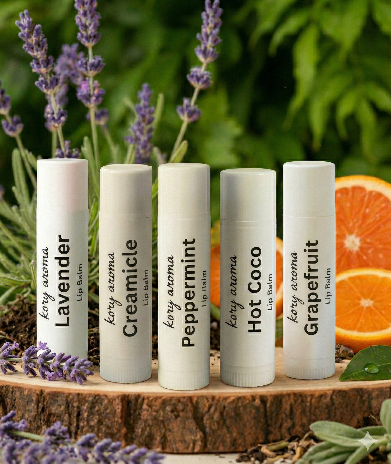 Five lip balm tubes with different scents on a wooden surface with lavender and oranges in the background.