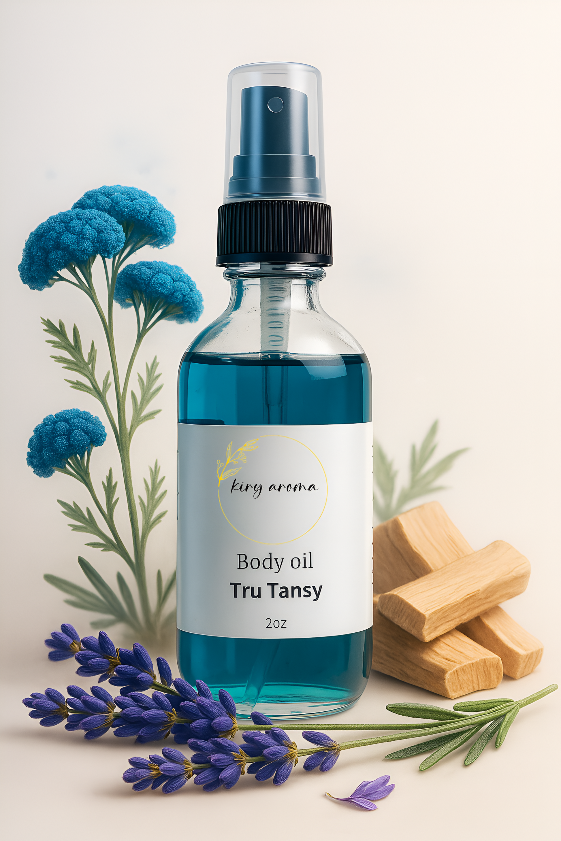 Body oil bottle labeled 'Tru Tansy' with lavender and wooden blocks on a light background