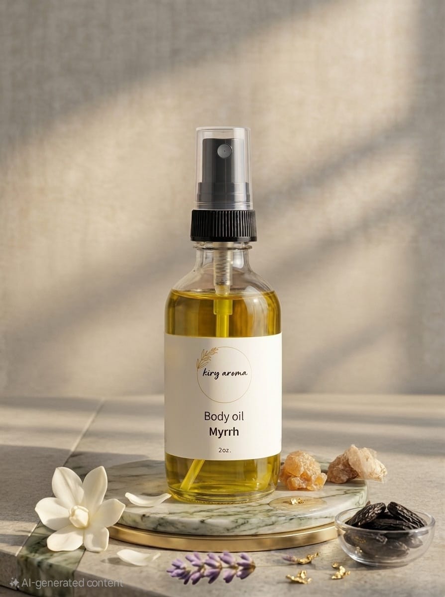 Body oil bottle labeled 'Myrrh' on a marble surface with decorative elements.