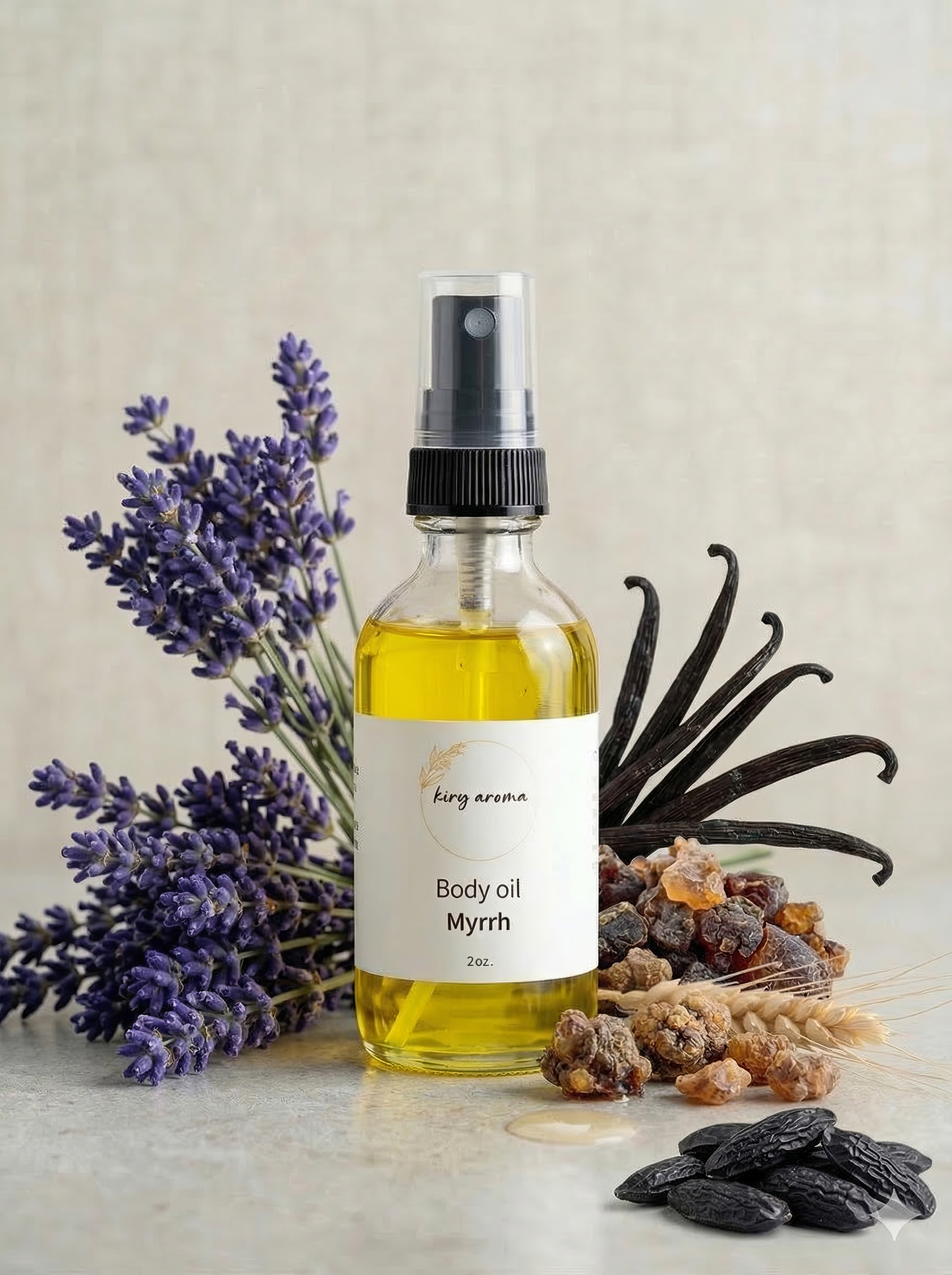 Body oil bottle labeled 'Myrrh' with lavender, vanilla beans, and dates on a neutral background