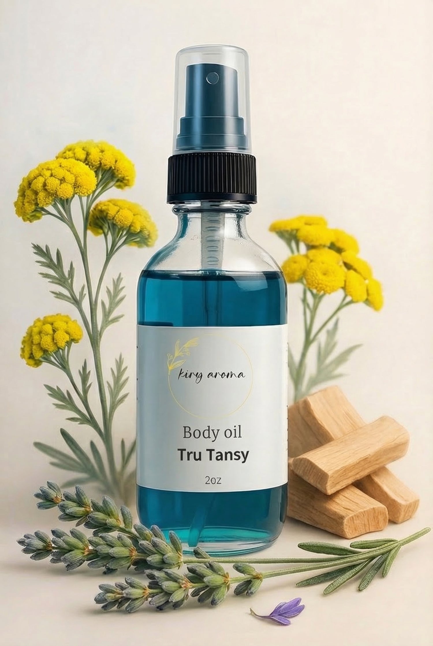 Body oil bottle labeled 'Tru Tansy' with flowers and wooden blocks on a beige background