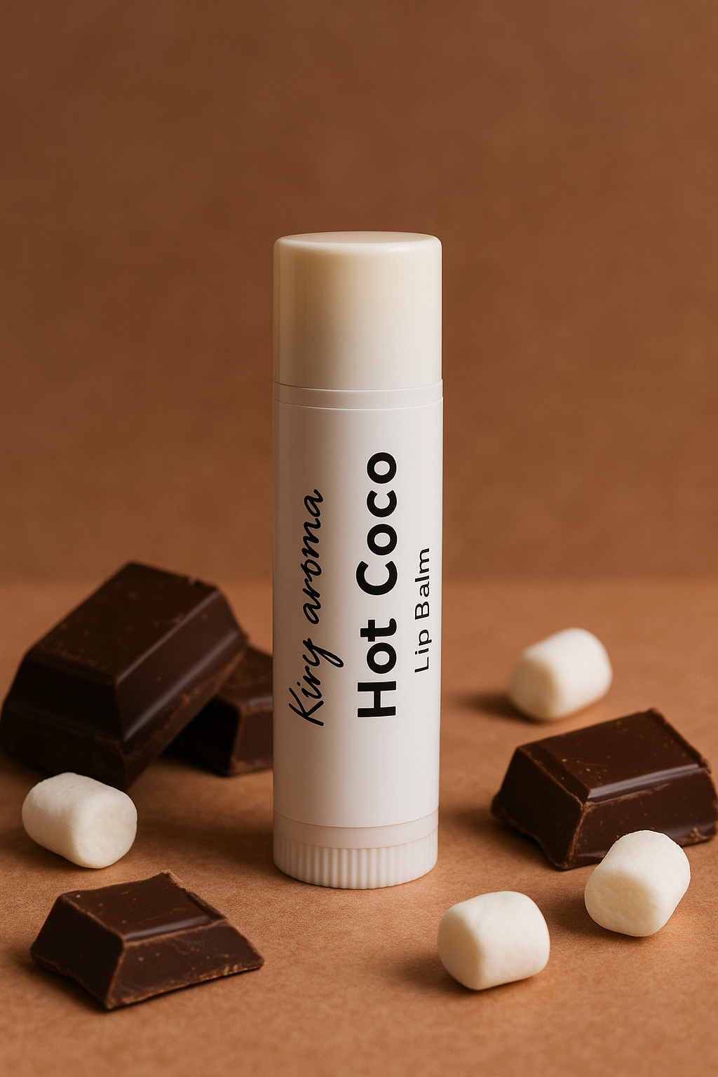 Lip balm labeled 'Hot Coco' surrounded by chocolate pieces and marshmallows on a brown background