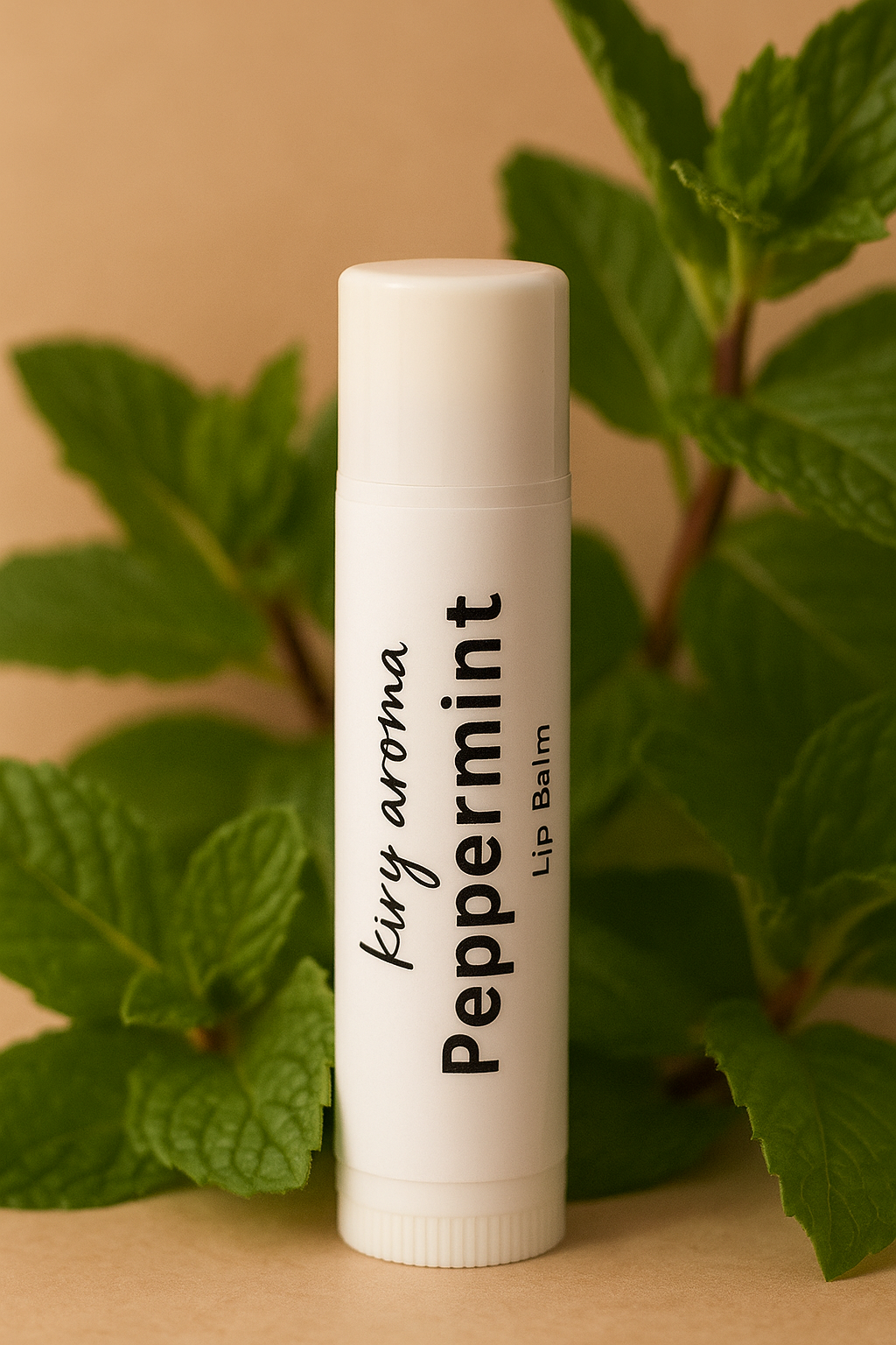 Lip balm with peppermint flavor against a natural background, at  kiry aroma