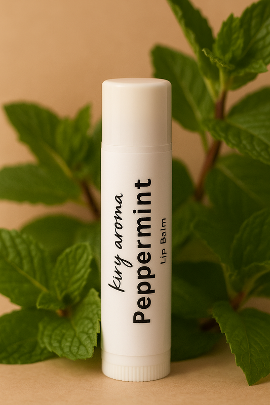 Lip balm with peppermint flavor against a natural background, at  kiry aroma