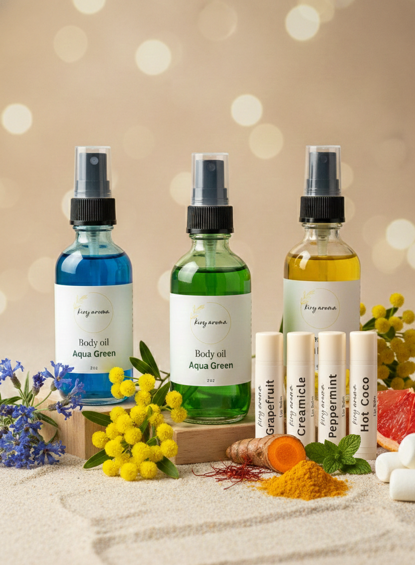 Three bottles of body oil with a blurred background featuring flowers and candles.